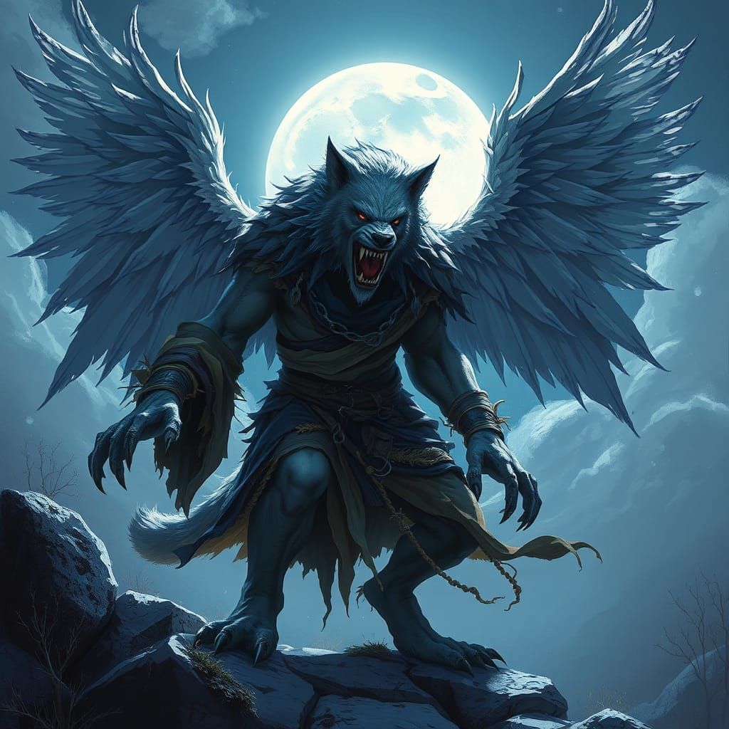An angelic werewolf. Sprouting its wing under the bright moonlight. Concept art style of Shaddy Safadi