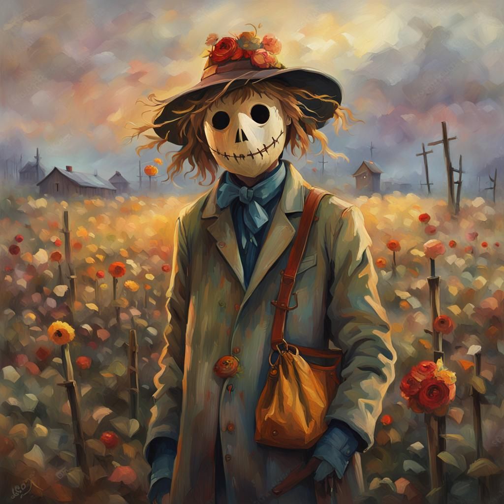 Bag Head Scarecrow Portrait in Art Nouveau Style
