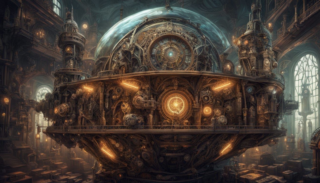 Steampunk Spaceship Library with Cosmic Holograms