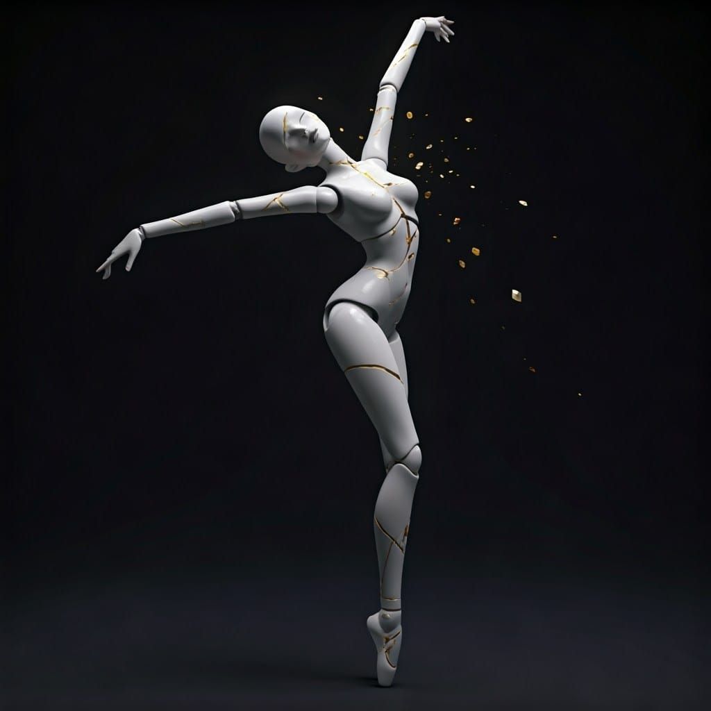 Dancing Kintsugi Doll in Shattered Porcelain Style