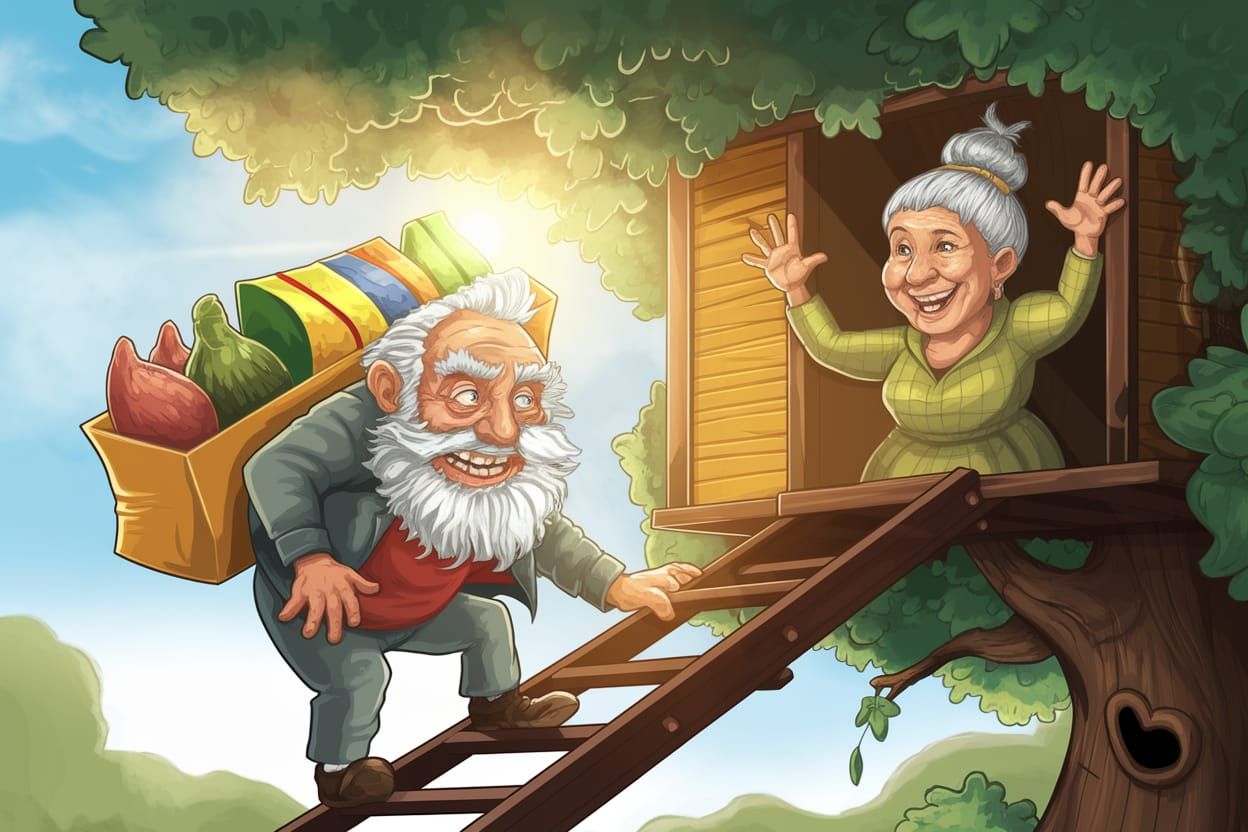 Whimsical Cartoon Illustration of Elderly Couple in Treehous...