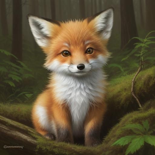 Realistic Fox Cub in Forest, Oil Painting