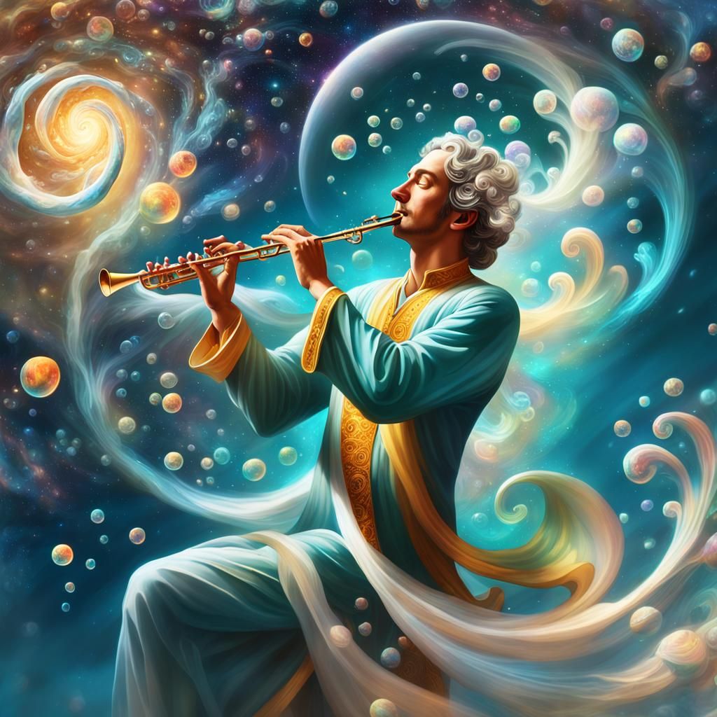 Surreal Demiurge Playing Flute Creating Galaxies