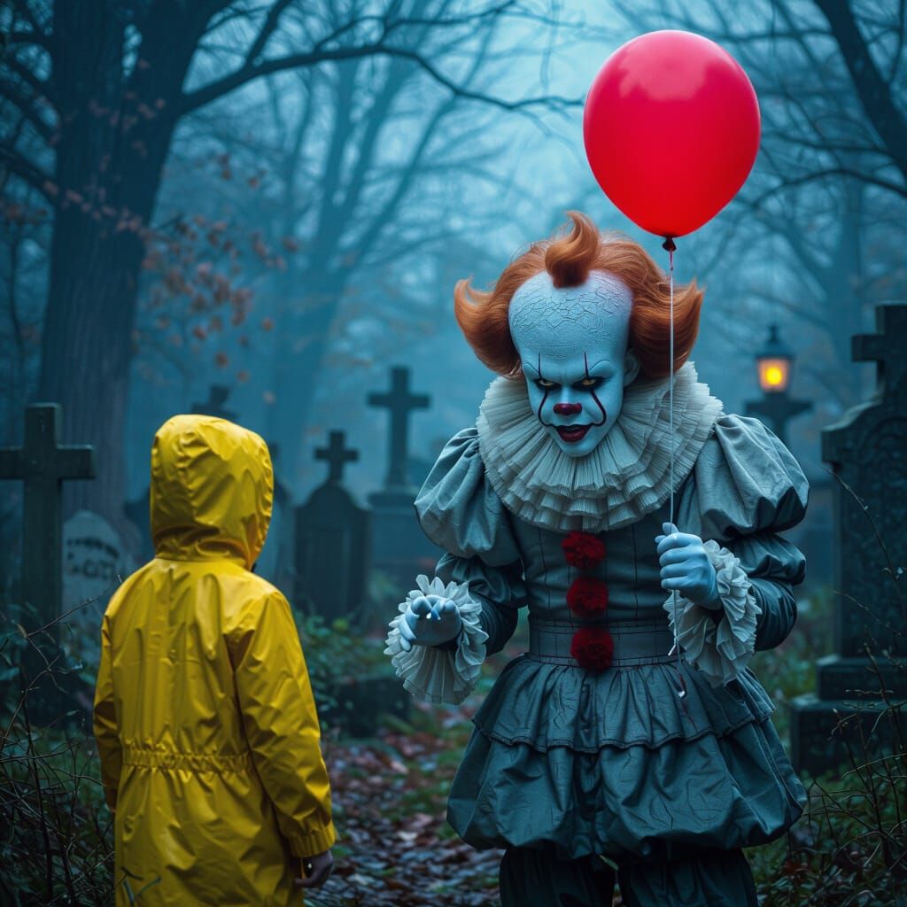 Pennywise in Spooky Graveyard, Hyperrealistic 3D Render