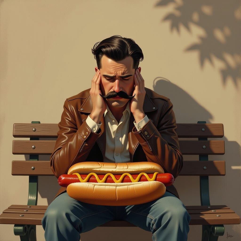 Melancholic Hotdog on Park Bench: Hyperrealistic Art