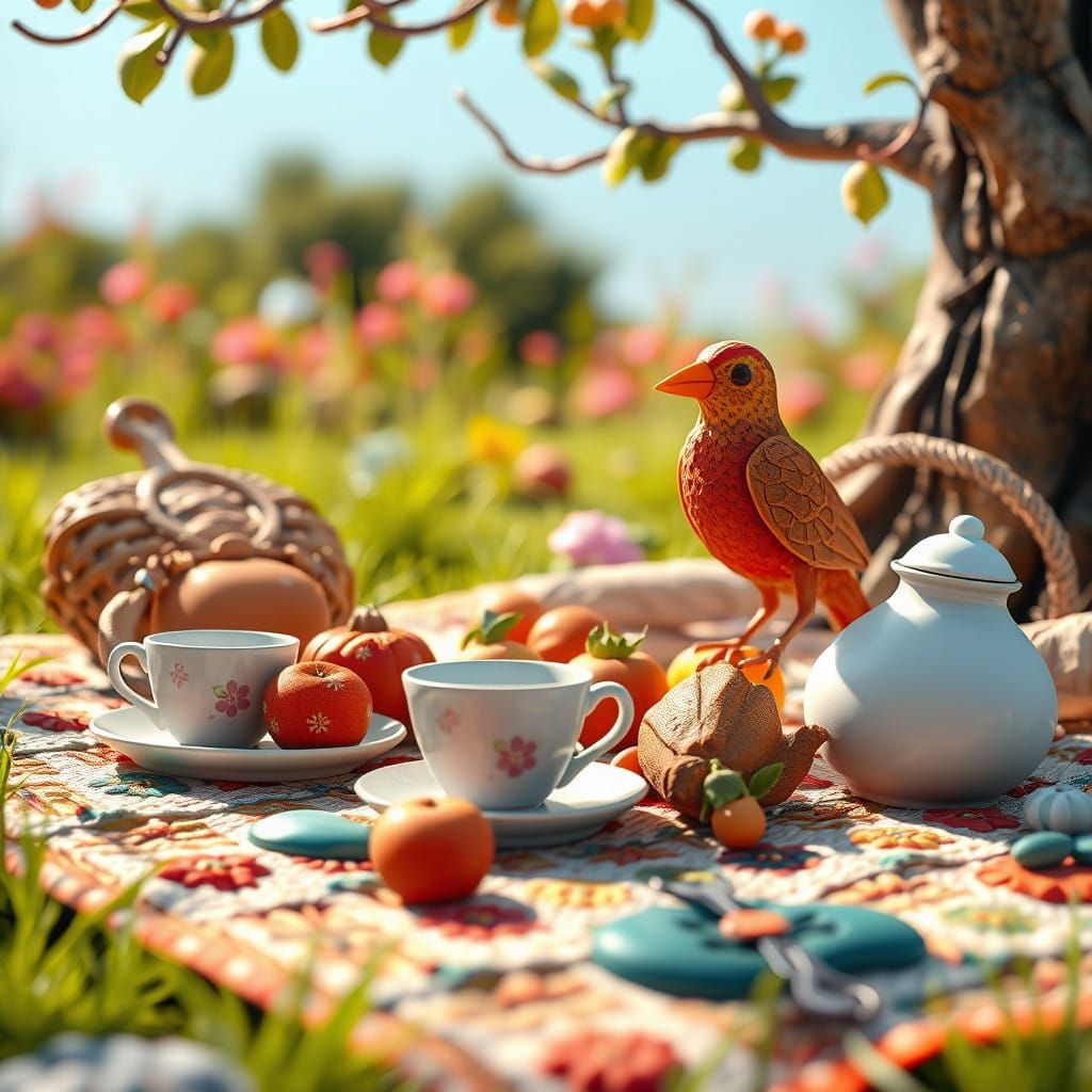 Whimsical Clay Fantasy Scene with Mosaic Bird