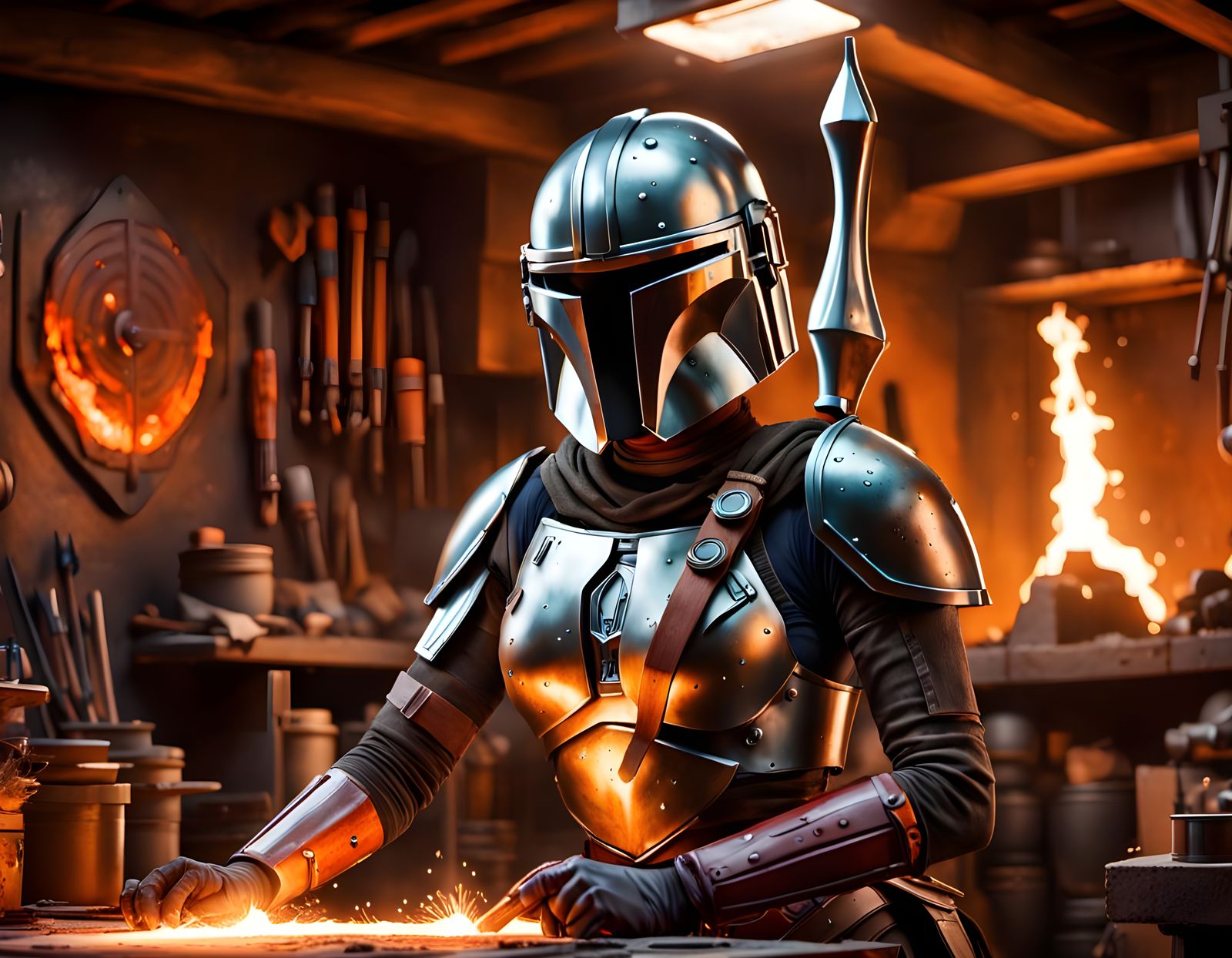 Female Mandalorian Armorer blacksmithing a new weapon.
