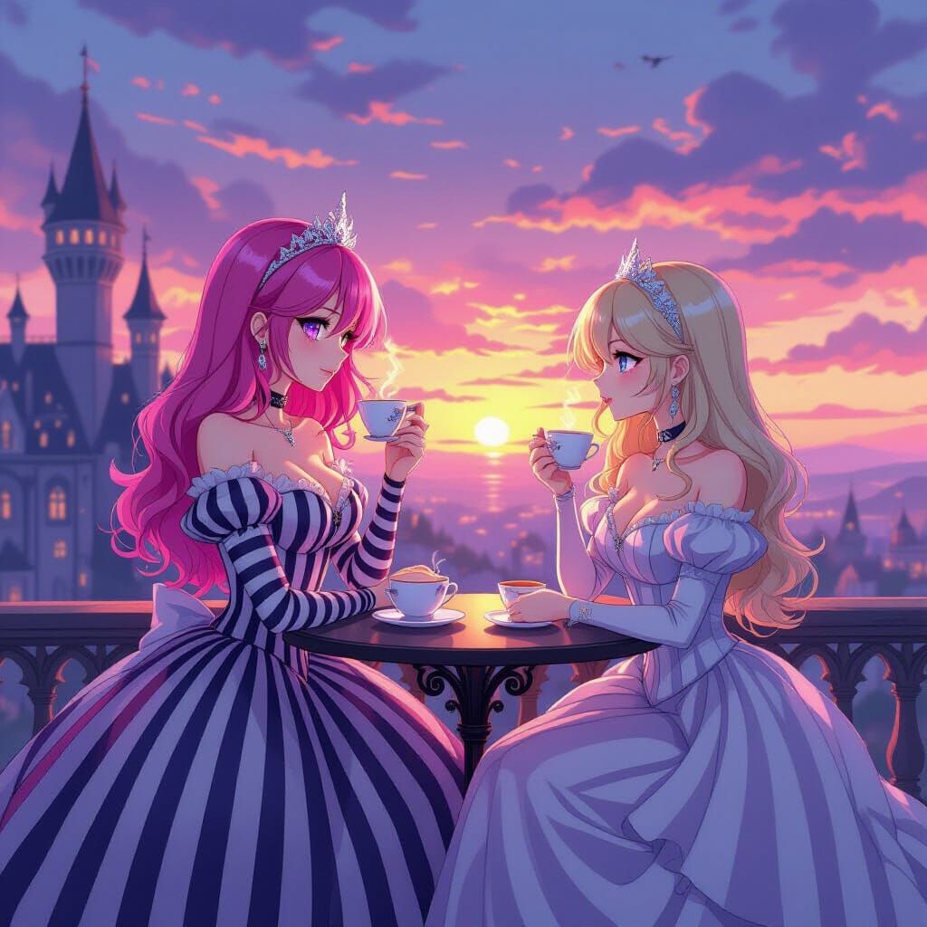 Gothic Castle Sunset Tea Party in Alcohol Ink Style