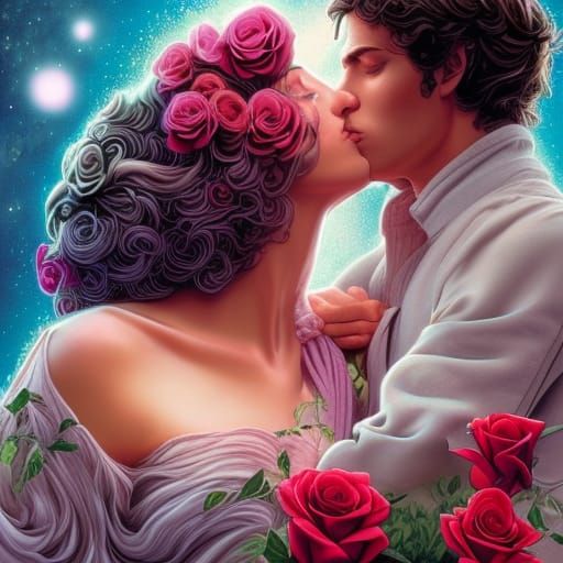 Romantic Rose Kiss: Digital Photorealistic Art
