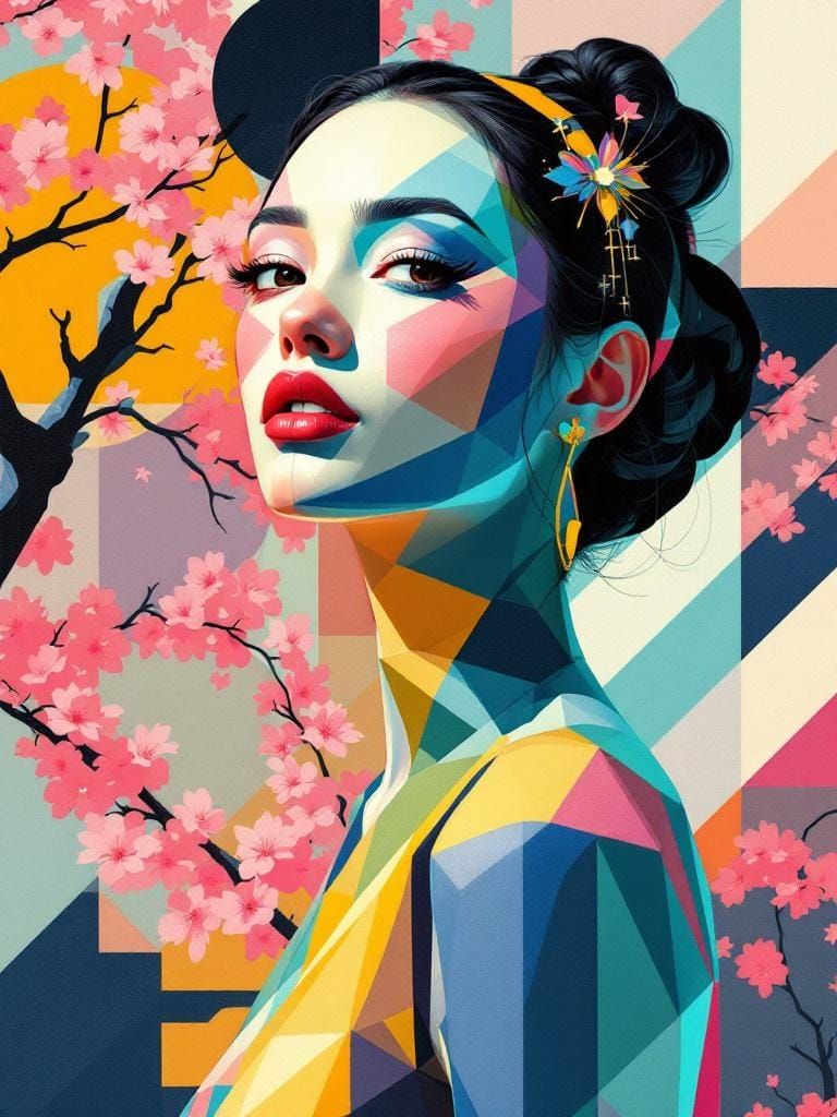 Geometric Pin-Up Fusion: Abstract Meets Vintage Style