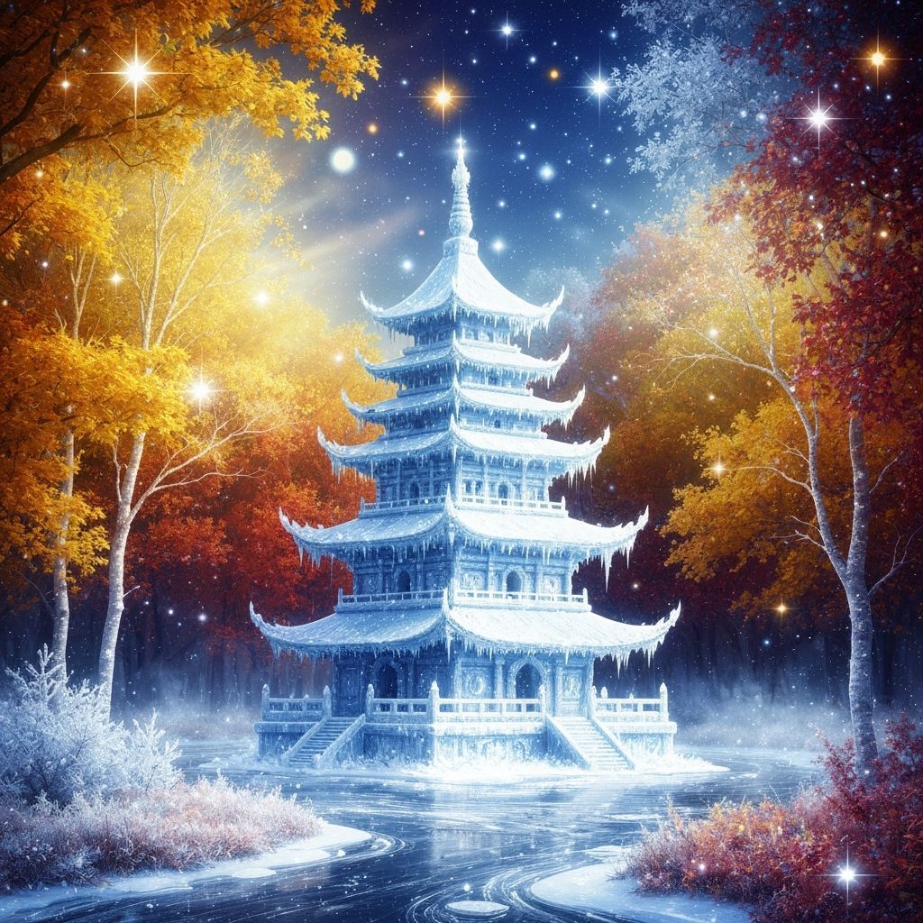 Ice Pagoda Shimmering in Starlight: Autumn Meets Winter