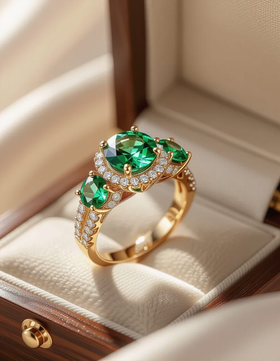 Emerald & Diamond Wedding Ring in Luxury 3D Style
