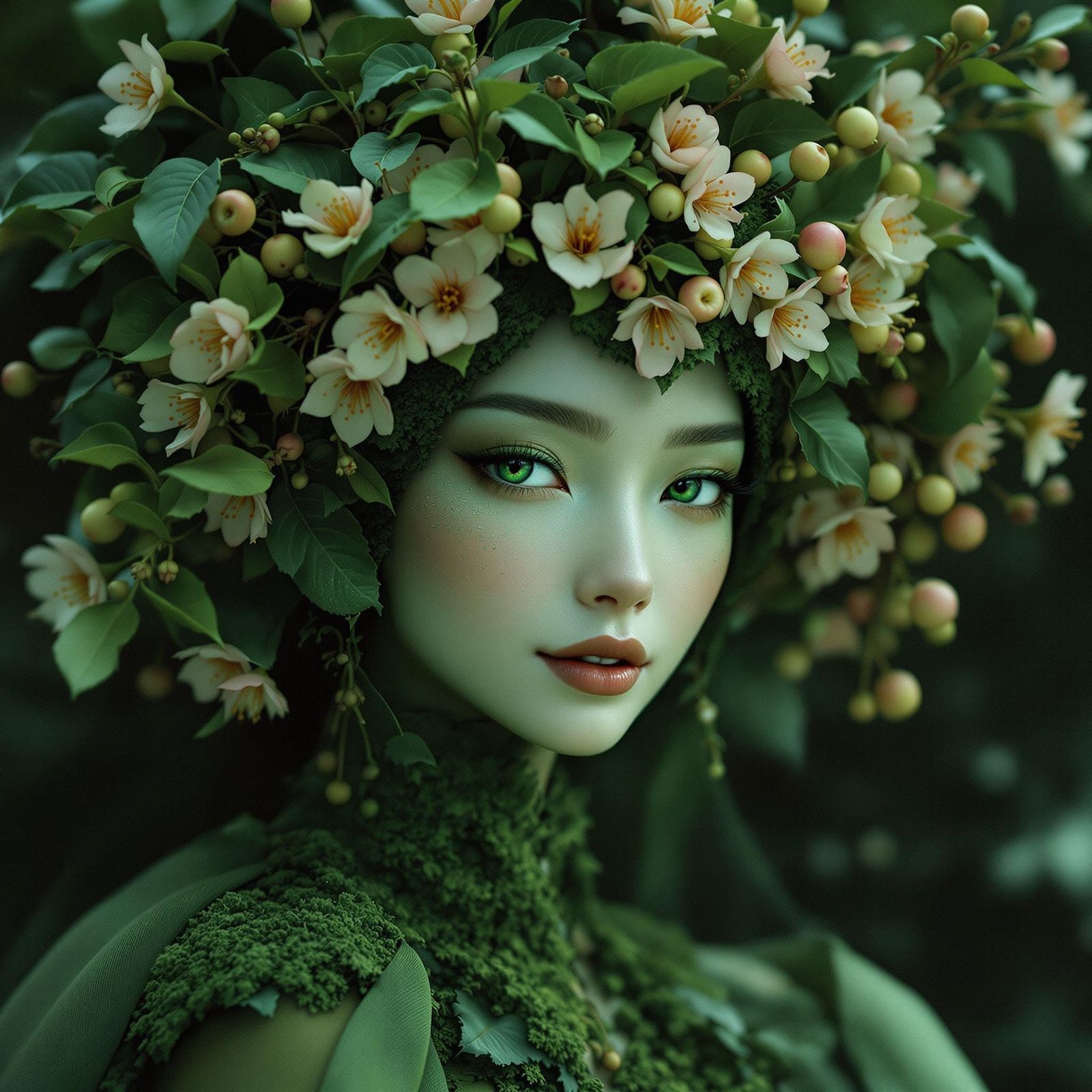 Asian Beauty Dryad Woman in Apple Blossom Headdress