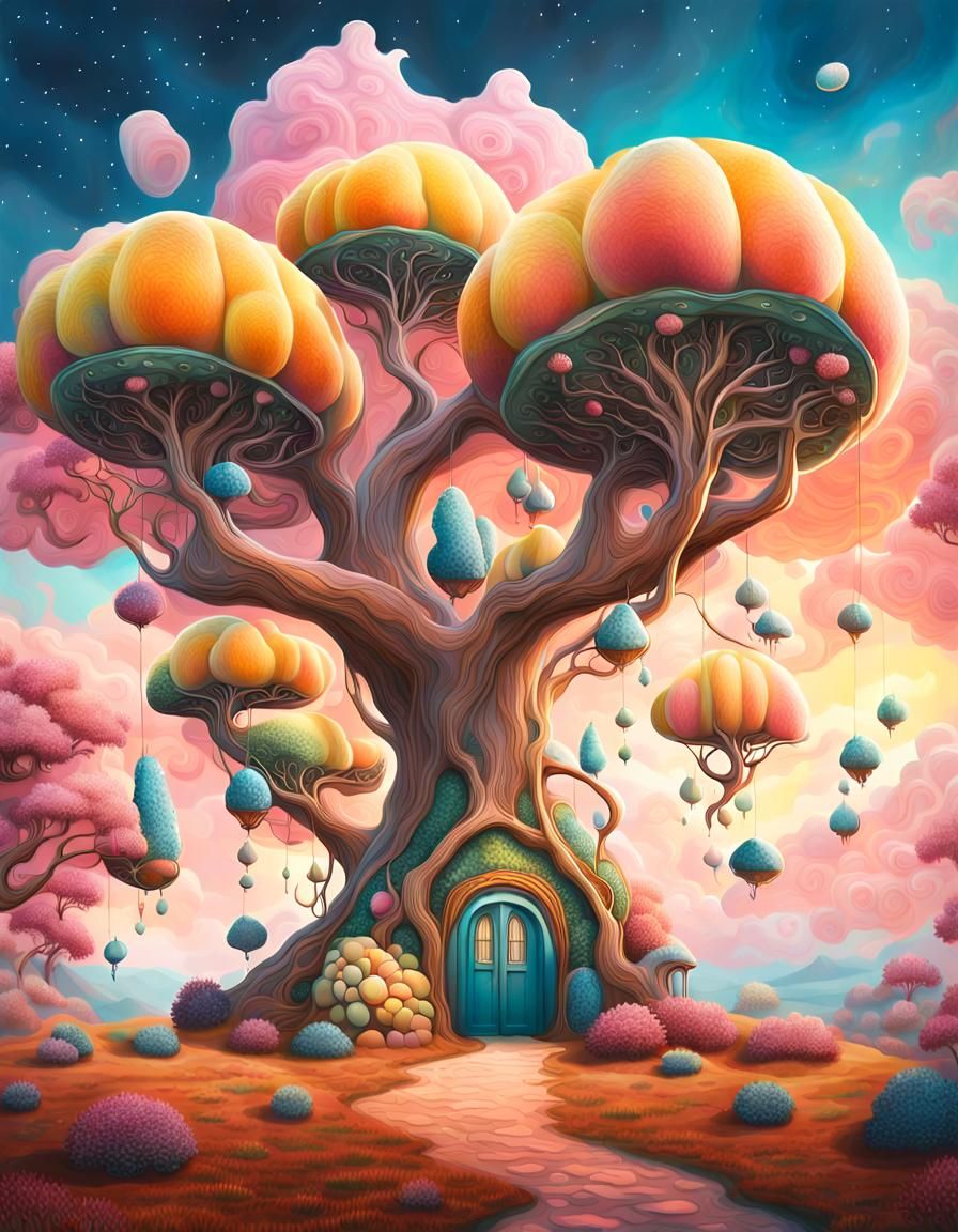 Surreal Candyland Treehouse in Dreamy Pastel Landscape