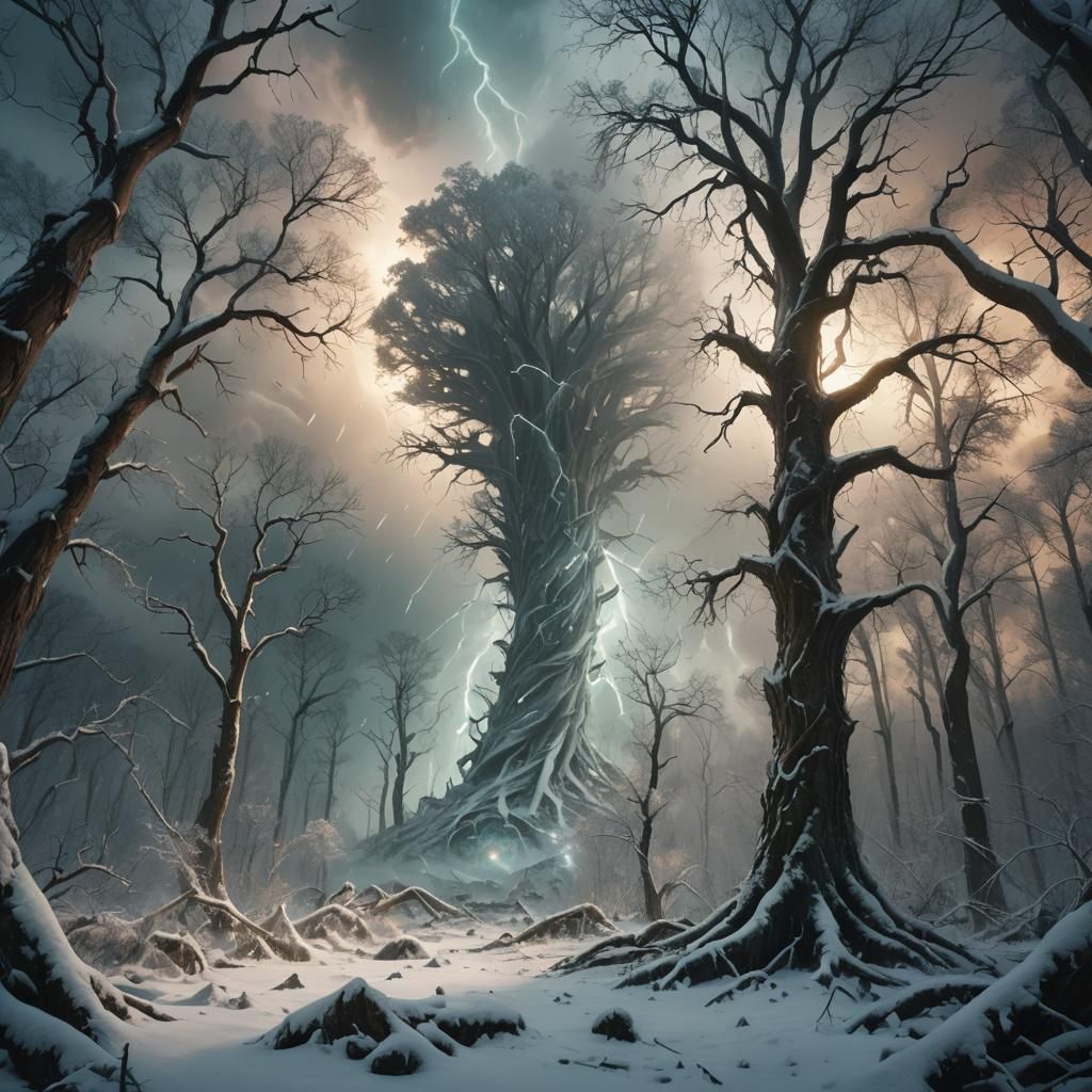 Blizzard Tornado Sweeping Through Ancient Forest