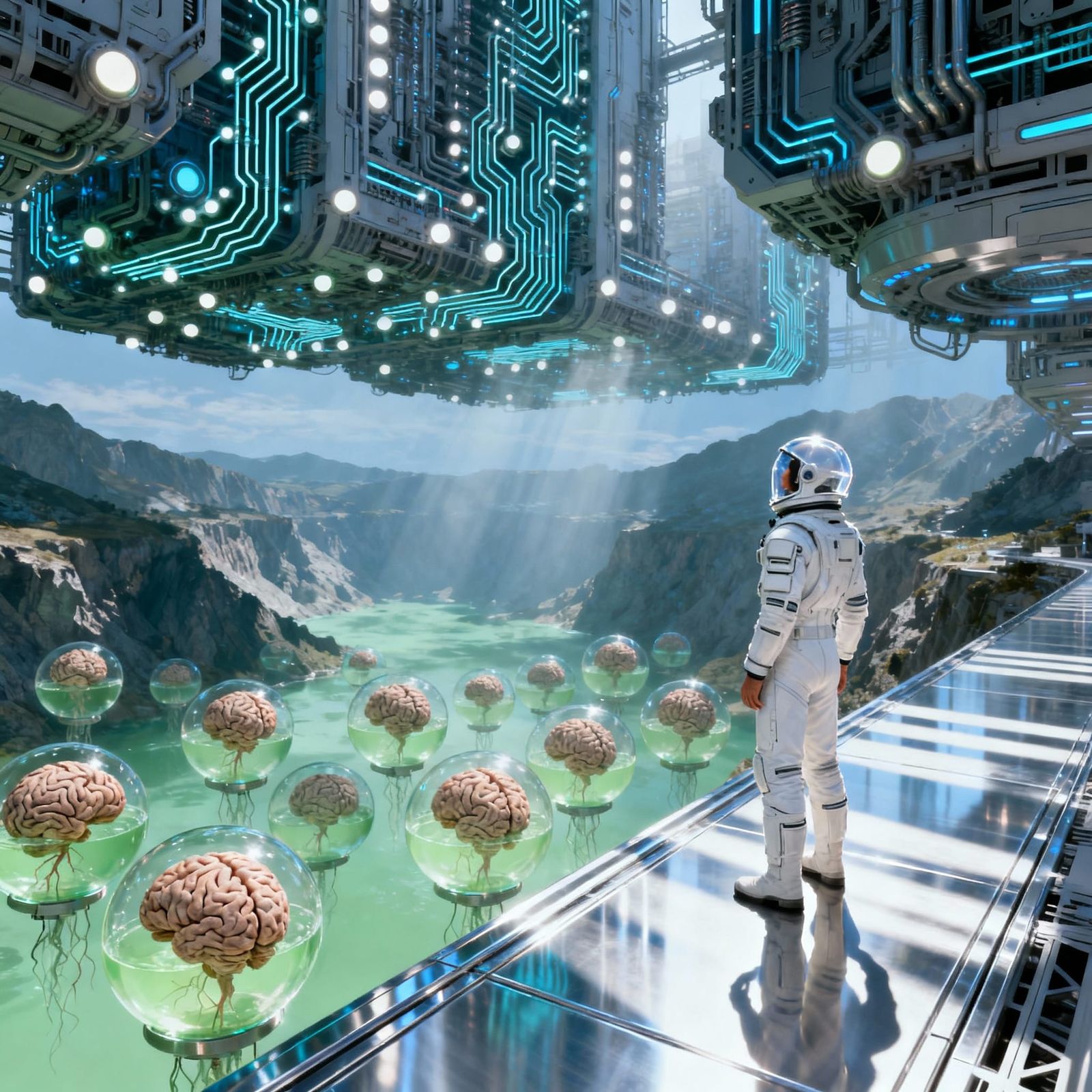 Sci-Fi Figure on Chrome Walkway Amidst Brain Orbs