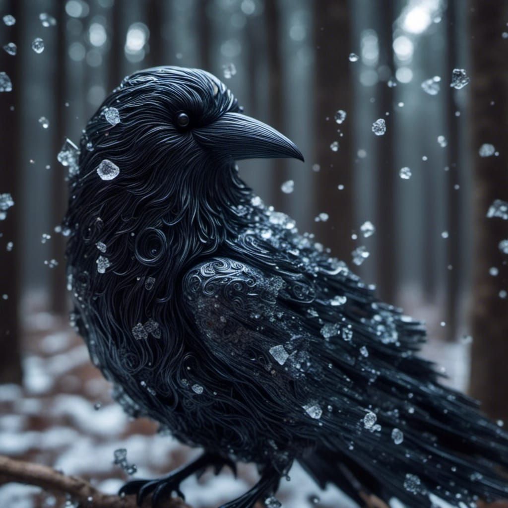 Raven in Flight Through Dark Forest