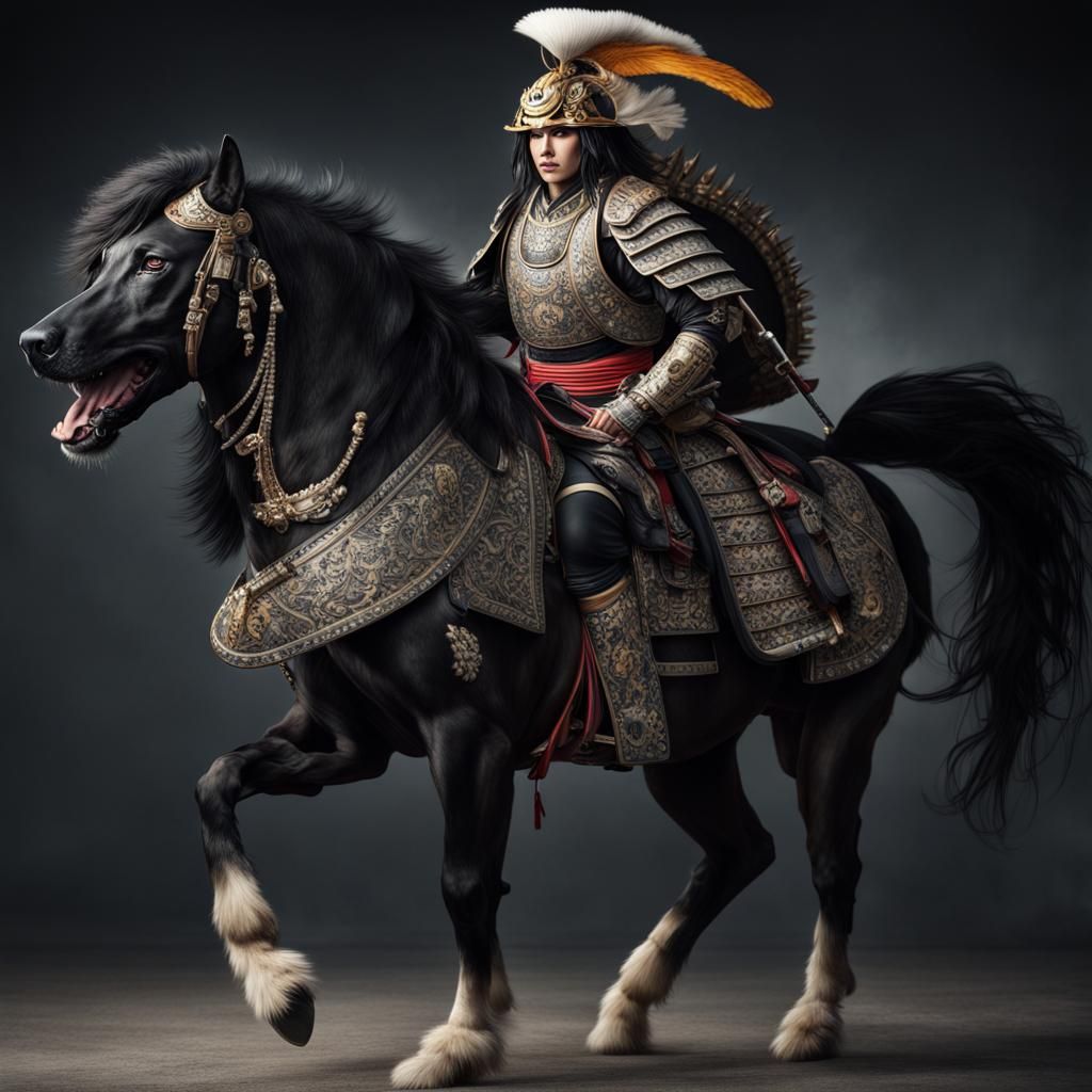 Samurai Warrior on Horseback with Mastiff