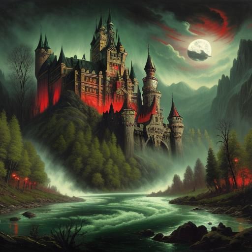 Ethereal Dracula's Castle in 1800s Oil Painting Style