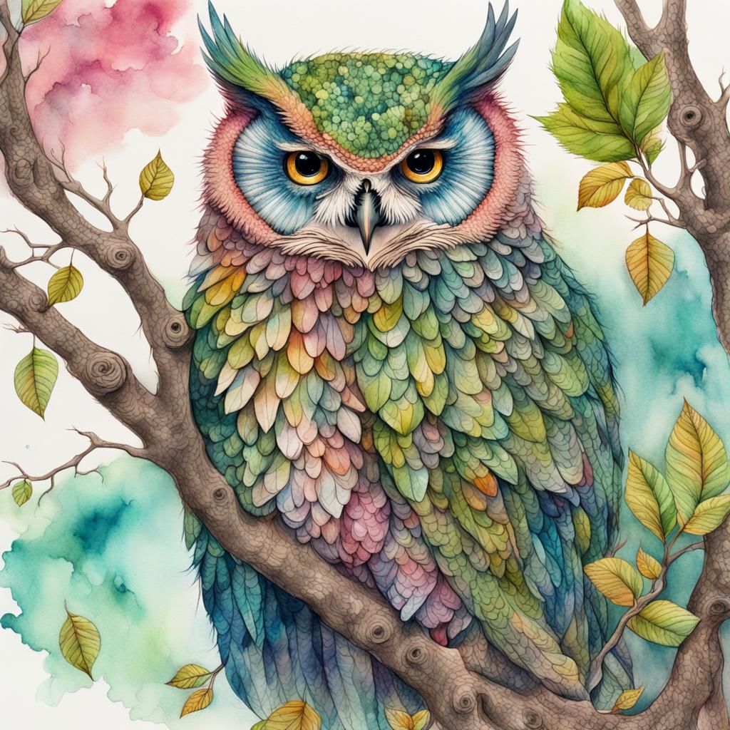 Watercolor Owl with Zen Tangle Feathers