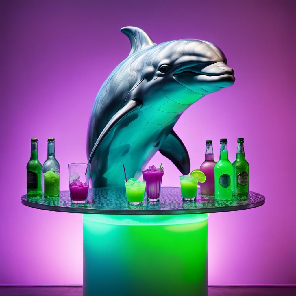 hyperrealistic sculpture of a bioluminescent smiling bartender Dolphin hybrid making drink om bar dusted with magenta an...