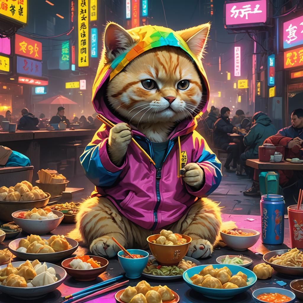 Golden Kitten in Neon Hoodie Eating Dumplings