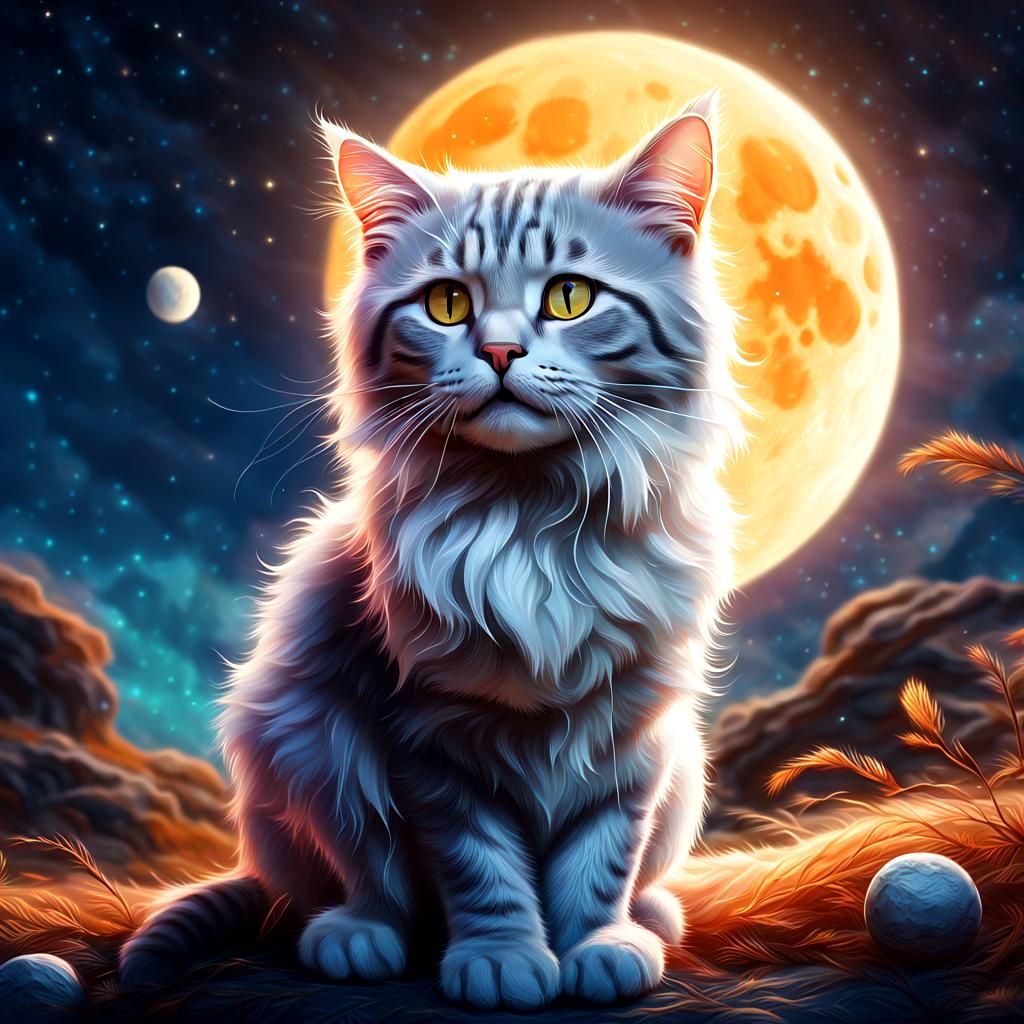 Cat Plays with Moon in Hyperrealistic Digital Art