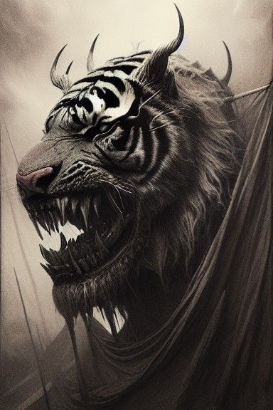 Sinister Tiger God: A Detailed Charcoal Drawing