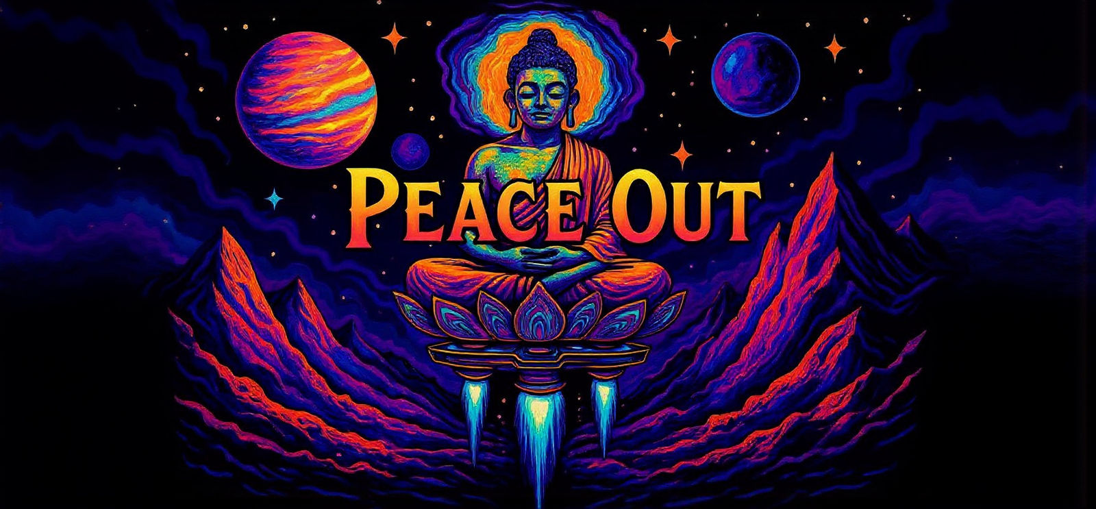 Psychedelic Buddha on Cosmic Lotus Throne