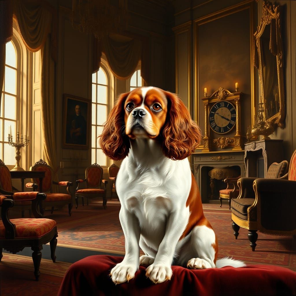Cavalier King Charles Spaniel in Regal Splendor, Oil on Canv...
