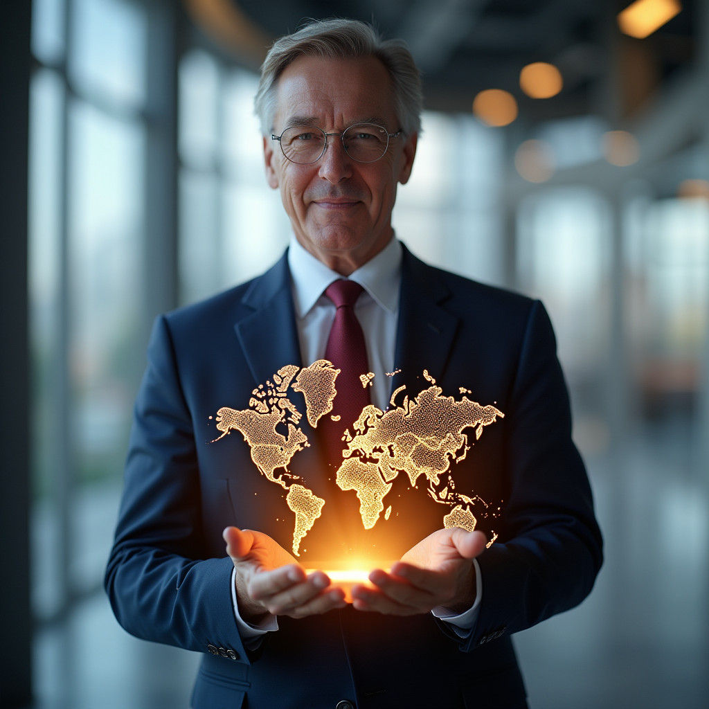 Businessman Holds Holographic World Map in Corporate Setting