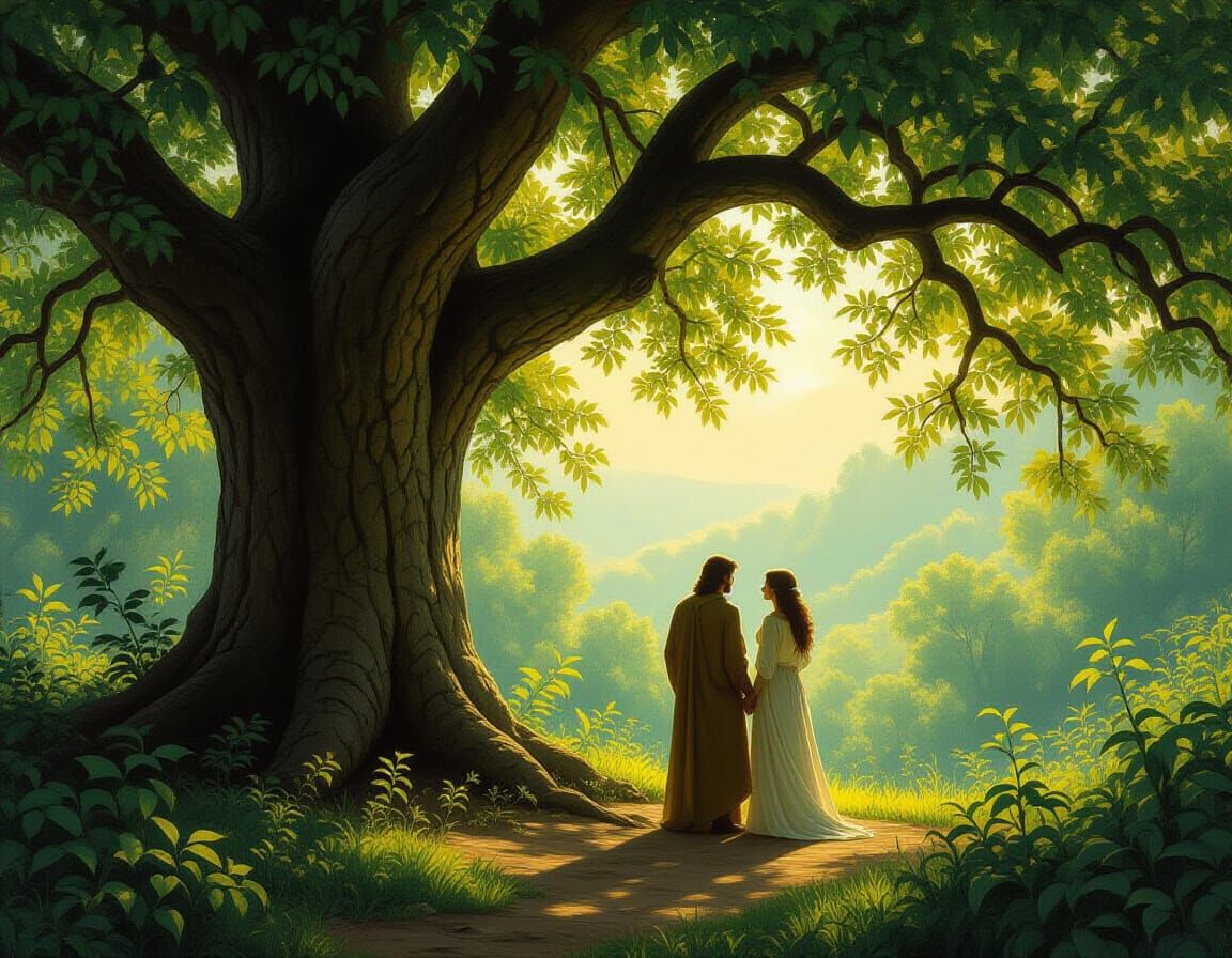 Adam and Eve in Paradise Garden by Ancient Tree