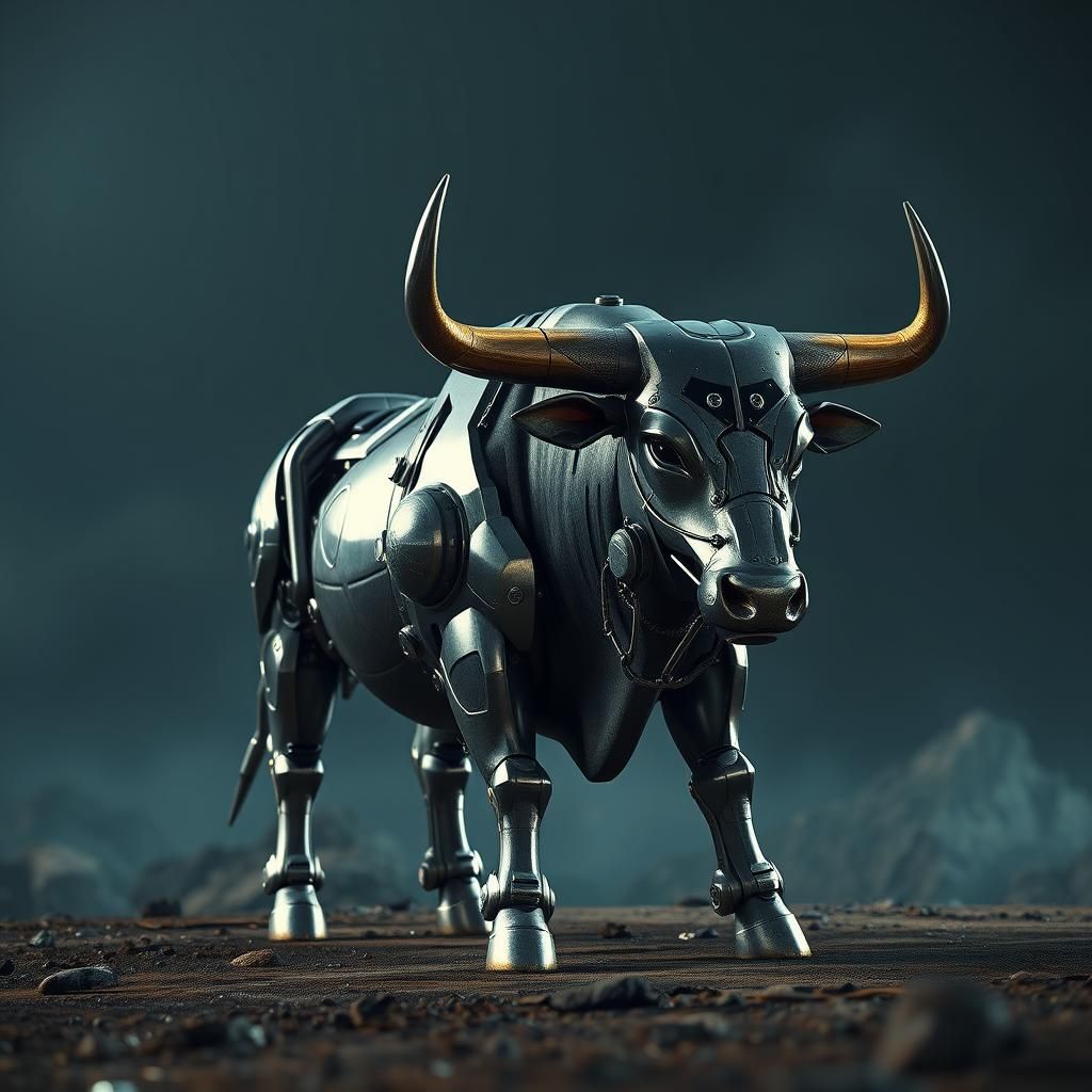 Sci-Fi Metallic Bull in Futuristic Landscape