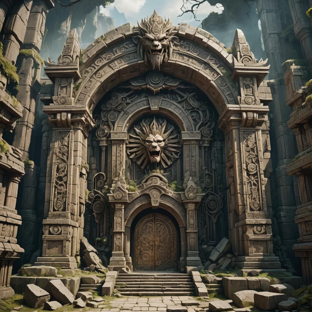 Fantasy Temple Entrance Dedicated to Chaos and Strength