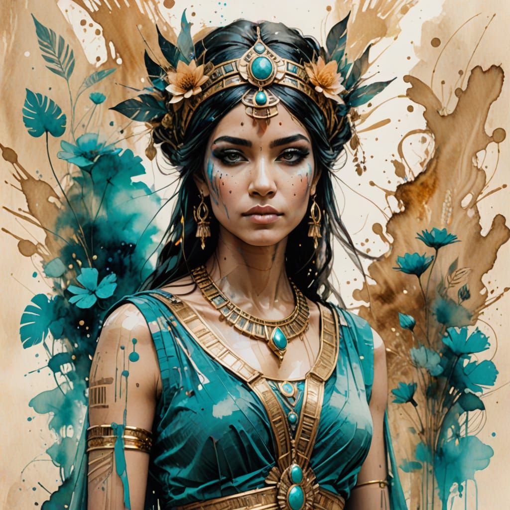 Cleopatra Portrait in Watercolor with Seasonal Elements