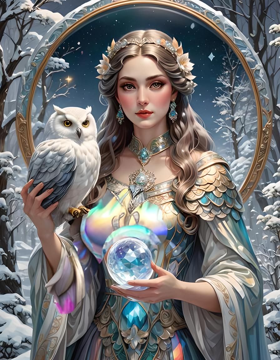 The Snow Maiden with an Owl and Iridescent Crystal Sphere