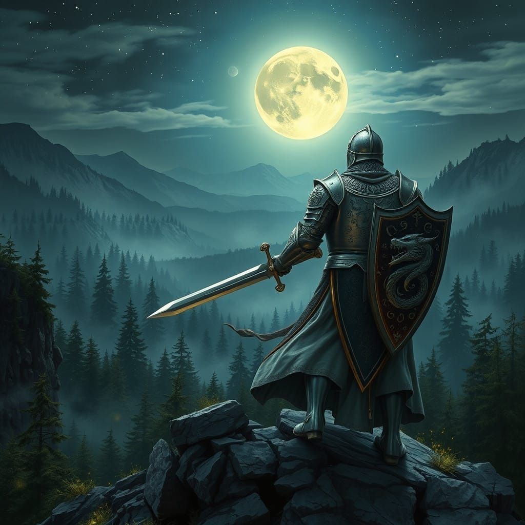 Knight in Ornate Armor Under a Full Moon