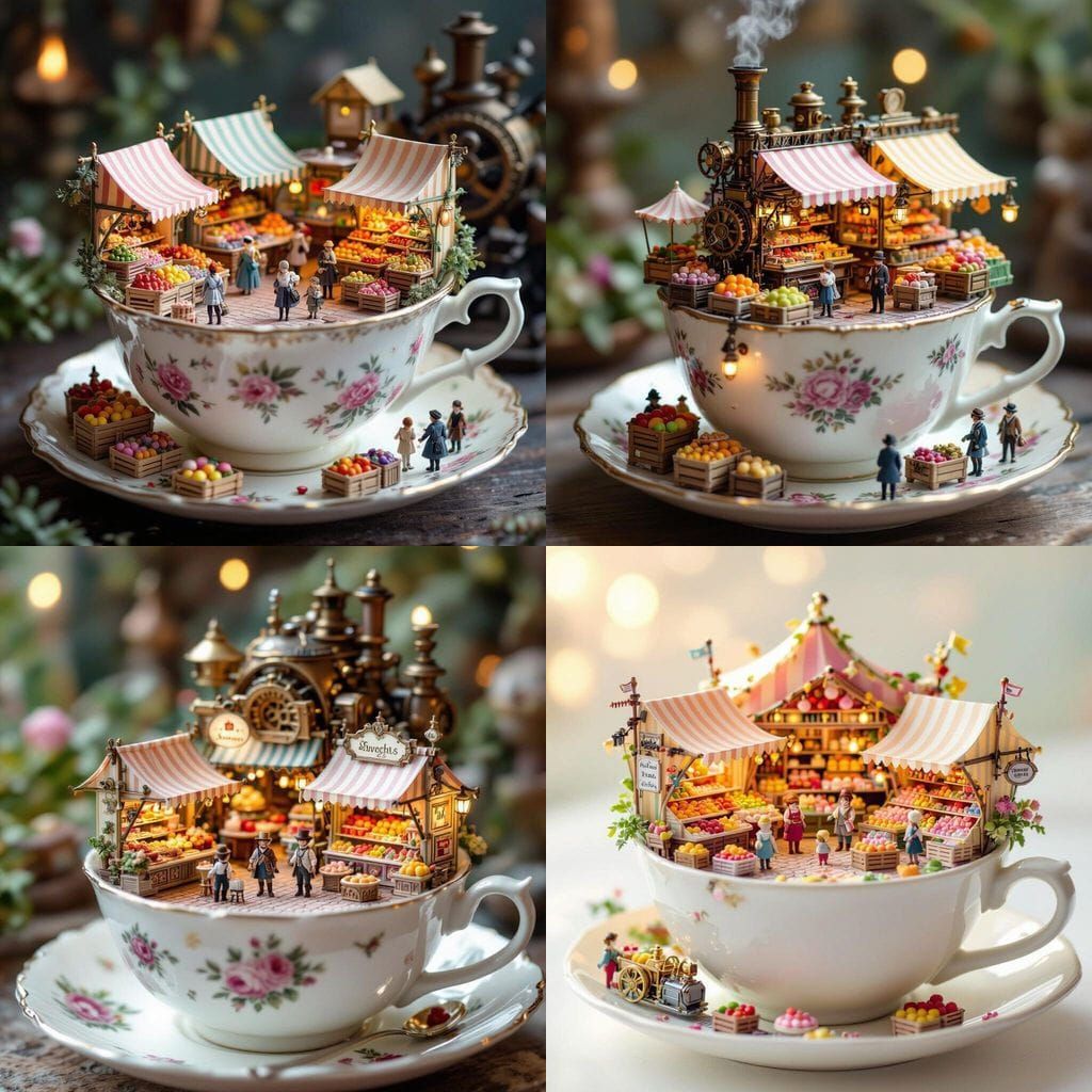 Miniature Steampunk Market Inside a Teacup