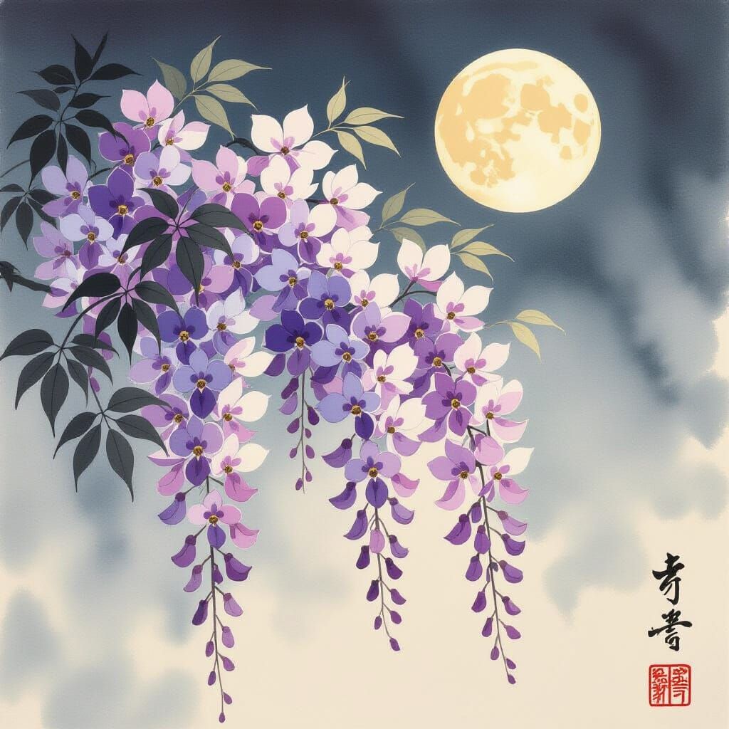 Fragile Wisteria in Moonlight: Japanese Inksplash Art