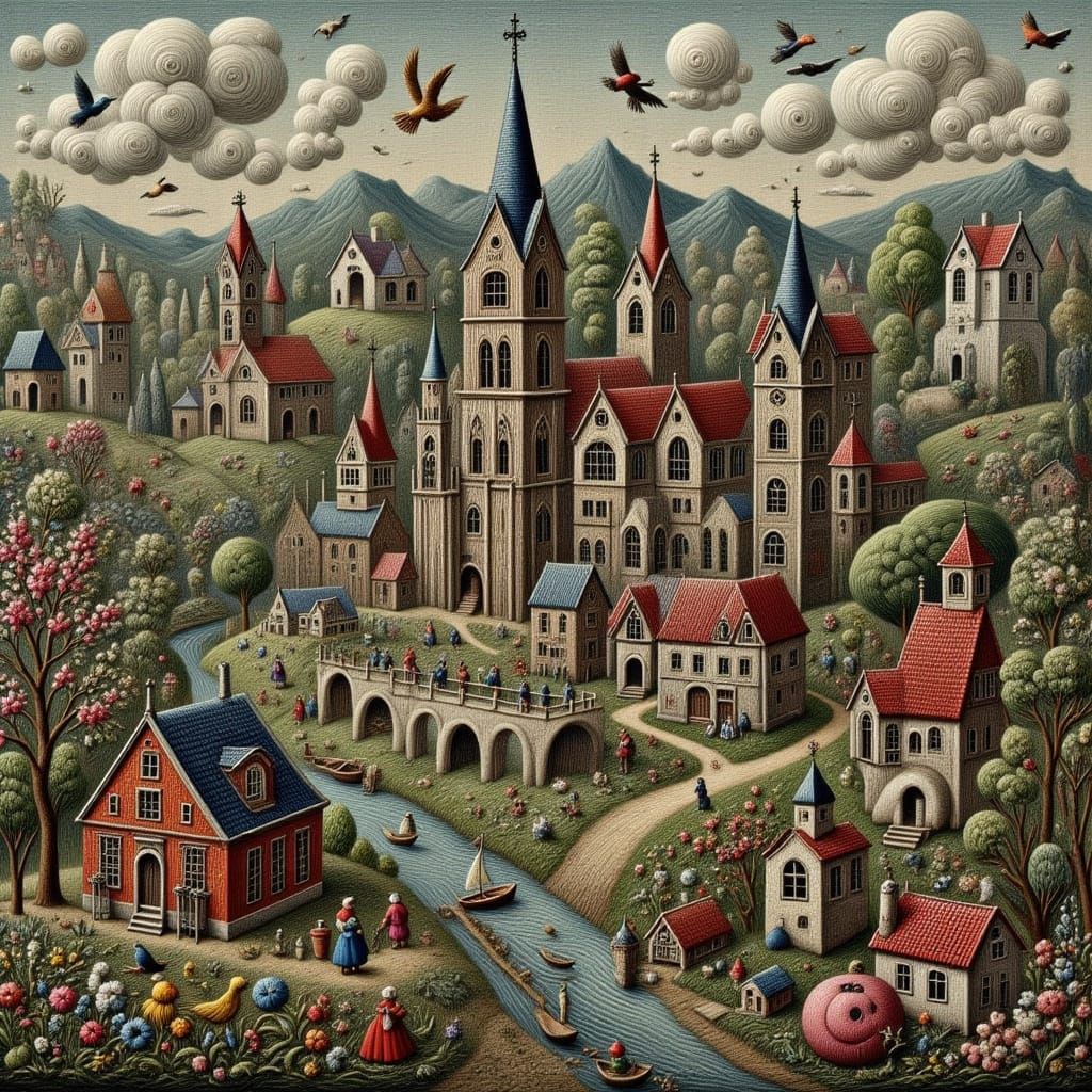 Medieval City Bird's Eye View in Pastel Embroidery