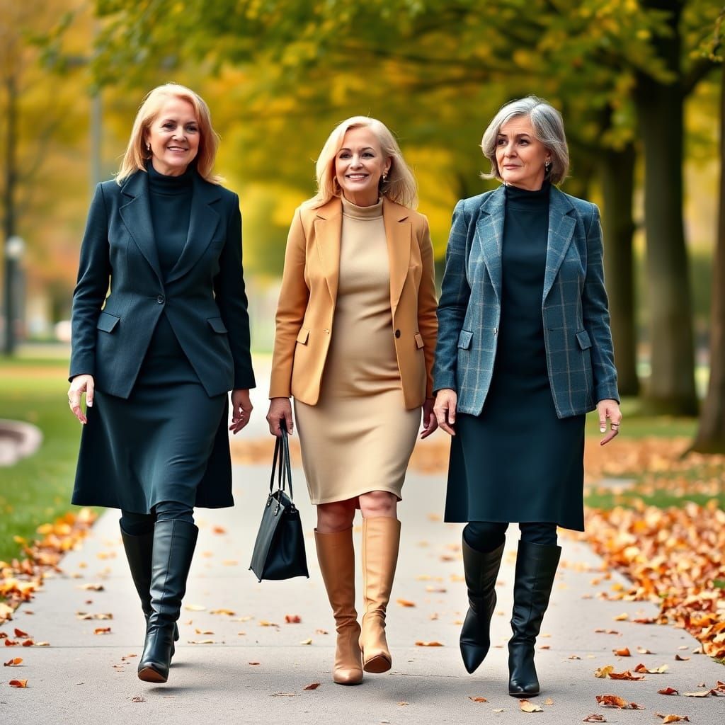 Businesswomen in Autumn Park Wearing Sweater Dresses