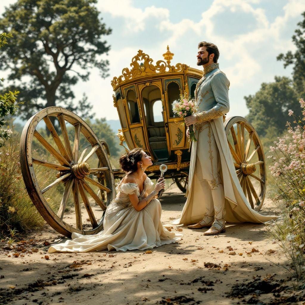 Hyperrealistic Princess Repairing Carriage on Dusty Road
