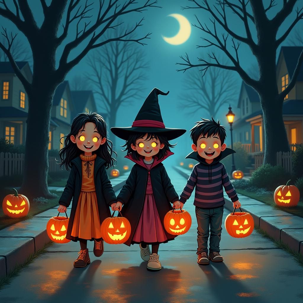 Halloween Friends in Spooky Mignola Illustration