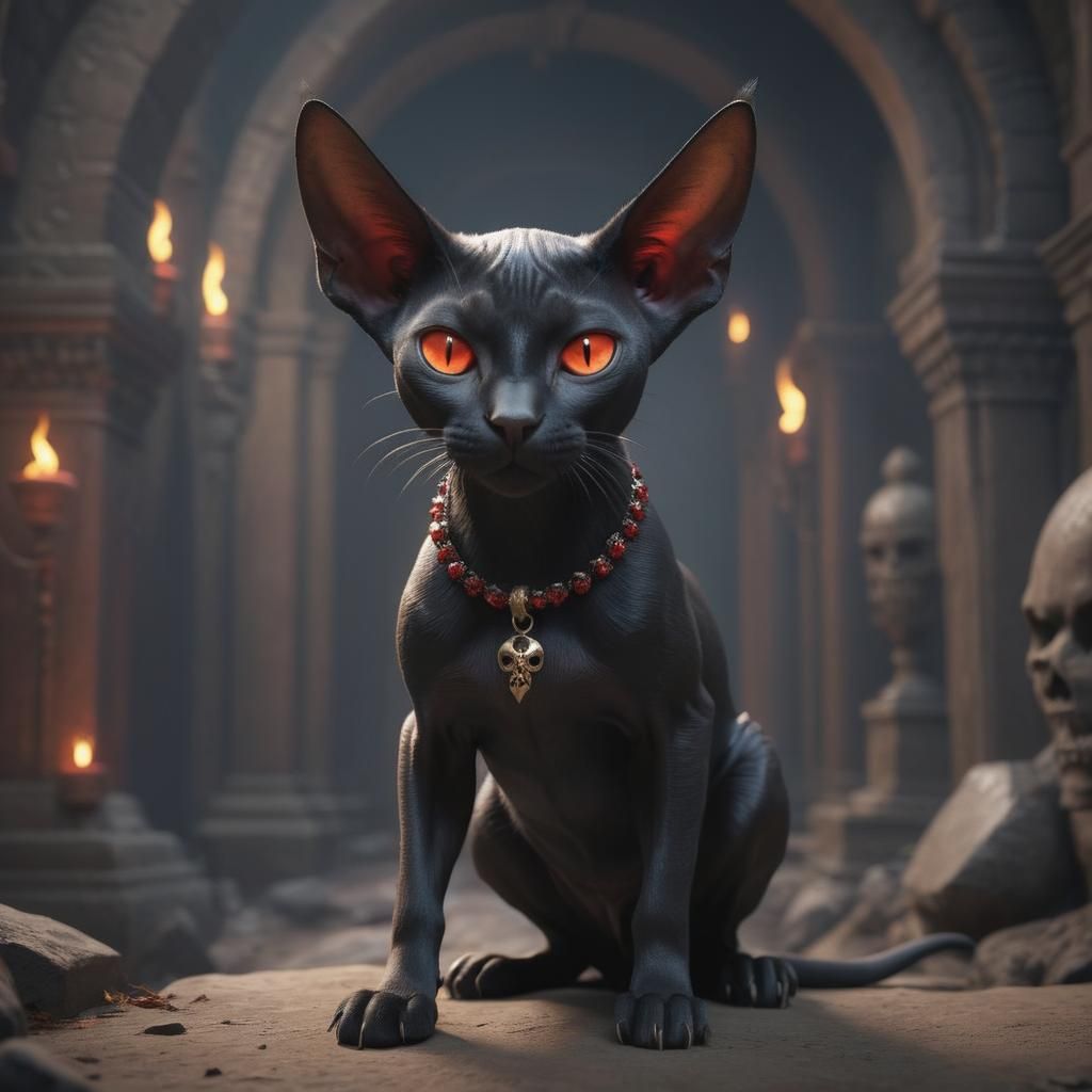Black Sphinx Cat with Red Eyes in Catacombs