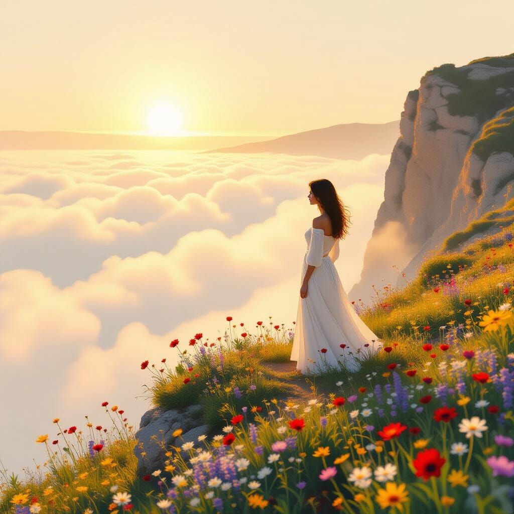 Ethereal Woman on Misty Cliff in Dreamy Style