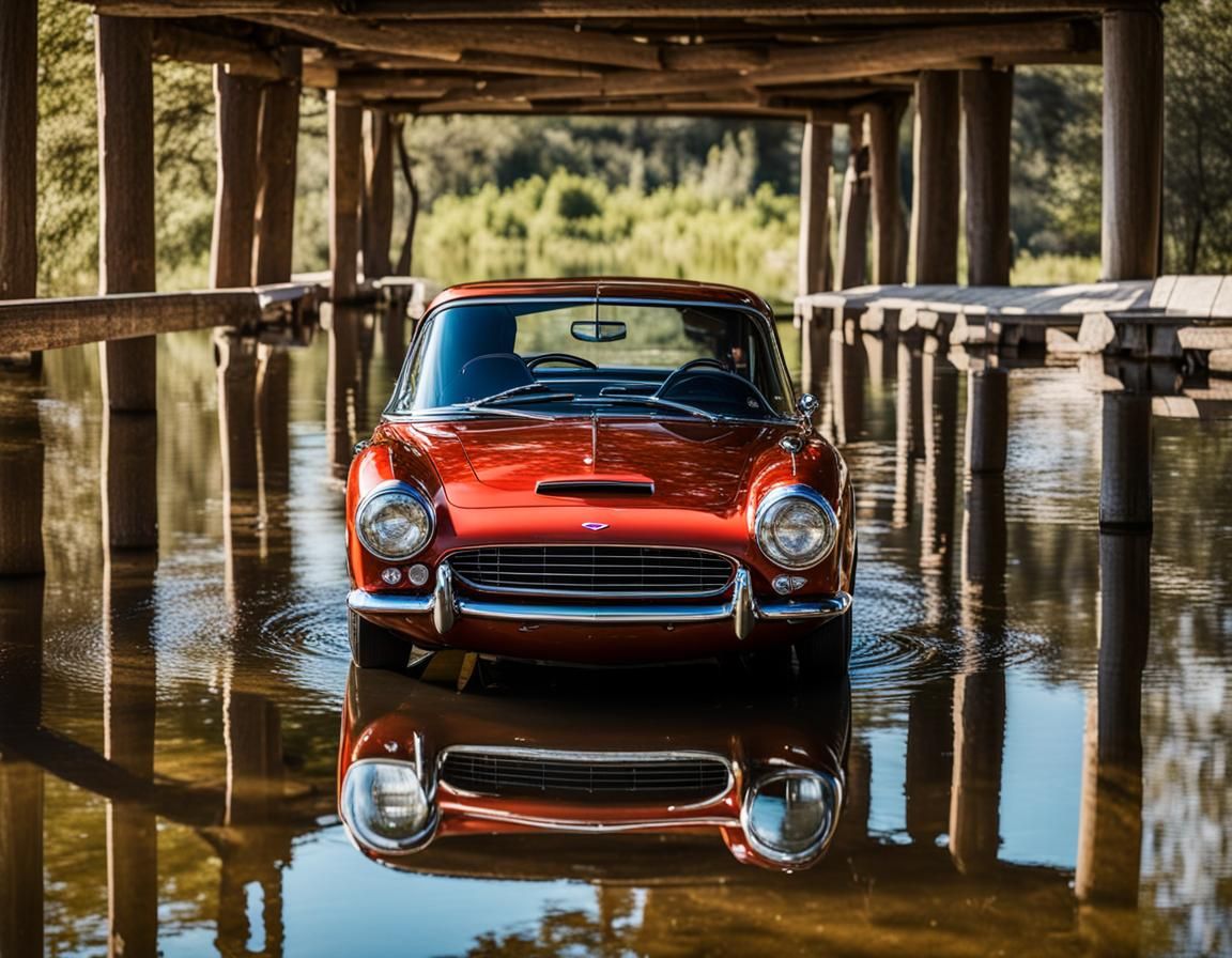 Sports Car Mirrored on a Wooden Bridge