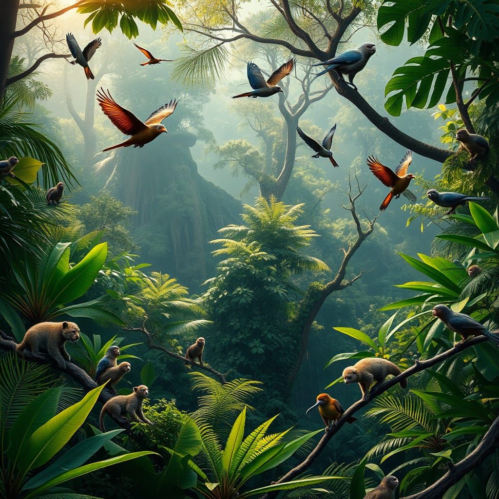 Tropical Rainforest Teeming with Exotic Wildlife in Hyperrea...