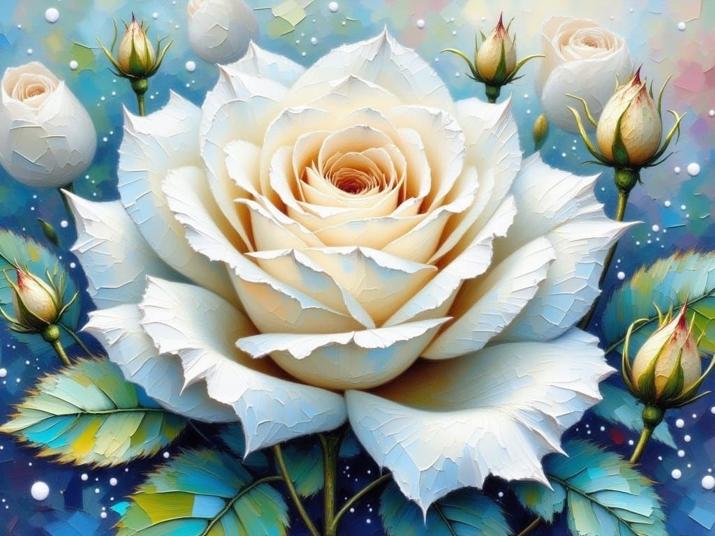 Vibrant Impasto White Rose Blooms Amidst Contrasting Colors