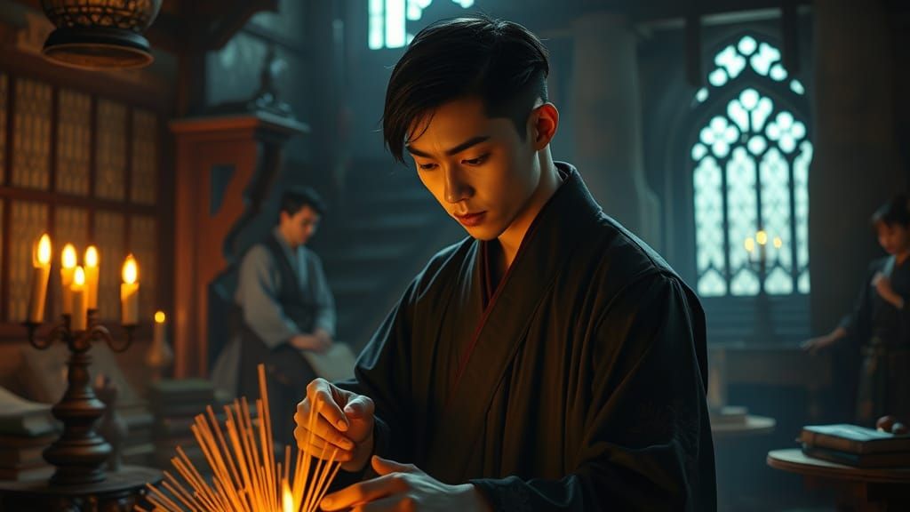 Japanese Warrior Crafts Incense in Witchy Castle, Hyper Real...