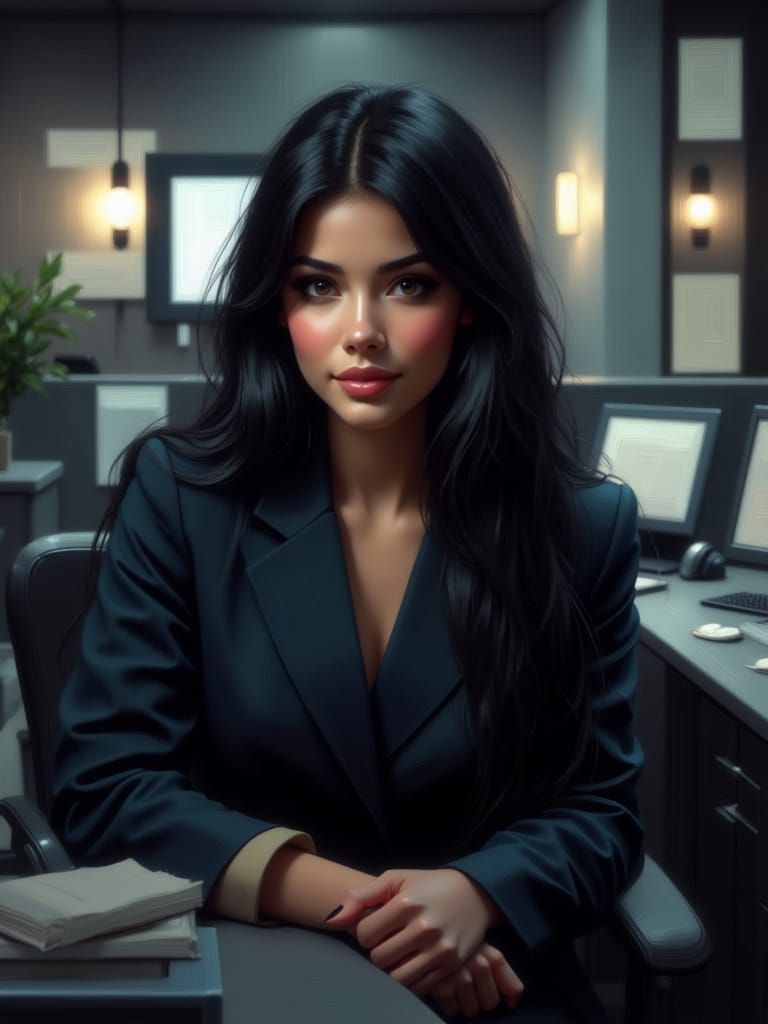 Businesswoman at Desk in Hyperrealistic Style
